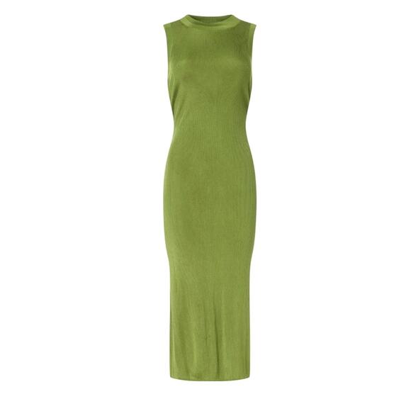Atlein Chartreuse Knit Midi Tank Dress MEDIUM Bodycon Silky Ruched Designer $445 - Picture 3 of 10